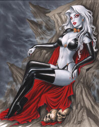  absurdres black_bra black_bridal_gauntlets black_footwear black_panties blank_eyes boots bra breasts bridal_gauntlets cape cleavage colored_skin dawn_mcteigue earrings eyeshadow female highres jewelry lady_death lady_death_(character) large_breasts long_hair looking_at_viewer makeup navel panties parted_lips red_cape red_eyeshadow red_lips signature sitting skull skull_earrings solo thigh_boots underwear white_hair white_skin 