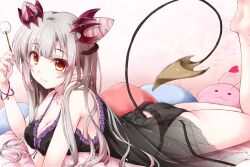  arm_under_breasts ass bare_arms bare_legs bare_shoulders barefoot bed_sheet black_chemise black_panties blue_nails bow bracelet breasts chemise cleavage closed_mouth demon_tail double_bun female foot_up from_side fuyuno_taka grey_hair hair_bun hand_up holding horns indie_virtual_youtuber jewelry lace_trim light_blush lingerie long_hair looking_at_viewer looking_to_the_side lying medium_breasts mimikaki multicolored_hair nail_polish on_bed on_stomach orange_eyes panties pillow pointy_ears purple_bow red_hair see-through smile solo streaked_hair suou_patra tail tail_raised two-tone_hair underwear 