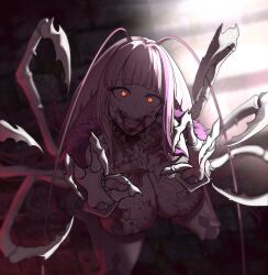  antenna_hair arched_bangs arthropod_girl arthropod_limbs blood blood_on_face blurry blurry_background breasts cockroach_girl commentary constricted_pupils english_commentary eyelashes fangs female fewer_digits from_above hidoryy highres kneeling large_breasts long_hair looking_at_viewer matara_kan matara_kan_(1st_costume) monster_girl multicolored_hair open_mouth orange_eyes pink_hair raised_eyebrows slit_pupils smile solo streaked_hair virtual_youtuber vshojo 