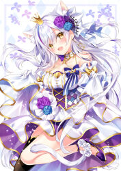  :d bare_shoulders black_thighhighs blue_flower blue_rose bow breasts brown_eyes cleavage commission crown dress female flower gloves grey_hair hair_between_eyes hair_flower hair_ornament looking_at_viewer medium_breasts mini_crown multicolored_hair nogi_takayoshi oerba_yun_fang original purple_flower purple_footwear purple_hair purple_rose rose shoes single_thighhigh skeb_commission smile solo streaked_hair thighhighs white_dress white_flower white_gloves white_rose yellow_bow 