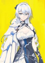  blue_eyes breasts bronya_zaychik cleavage cowboy_shot dress female hair_intakes highres honkai_(series) honkai_impact_3rd kotobuki_aoi long_hair looking_at_viewer single_bare_shoulder small_breasts solo standing very_long_hair white_hair yellow_background 