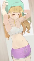  blonde_hair bra breasts closed_eyes closed_mouth collarbone female fujita_kotone gakuen_idolmaster highres hiroki_(yyqw7151) holding holding_towel idolmaster long_hair navel purple_shorts shorts small_breasts solo standing thighs towel towel_on_head underwear white_bra 