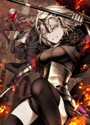  2boys absurdres ahoge antonio_salieri_(fate) armor armored_dress breasts edmond_dantes_(fate) fate/grand_order fate_(series) female fur_trim gauntlets grey_hair grin headpiece highres jeanne_d&#039;arc_alter_(avenger)_(fate) jeanne_d&#039;arc_alter_(fate) large_breasts looking_at_viewer multiple_boys short_hair smile sumi_(gfgf_045) yellow_eyes 