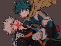  2boys adam&#039;s_apple aqua_bodysuit aqua_eyes aqua_hair aqua_pupils arm_behind_another&#039;s_back bakugou_katsuki belt belt_pouch black_pants blank_stare blonde_hair blood blood_in_mouth blood_on_clothes blood_on_face blood_on_mouth blood_on_teeth blue_gloves boku_no_hero_academia brown_background buckle cape chiyaya corpse death empty_eyes eyebrows_hidden_by_hair feet_out_of_frame film_grain floating_cape freckles from_side gloves grey_gloves hair_between_eyes hand_on_another&#039;s_back hands_up head_down highres leaning_forward lifting_person looking_at_another looking_down lying male_focus midoriya_izuku multiple_boys narrowed_eyes no_pupils nosebleed official_alternate_costume on_back orange_eyes pants parted_lips pouch short_hair sideways_mouth simple_background single_vertical_stripe snap-fit_buckle spiked_hair spoilers squatting staring surprised teeth three_quarter_profile torn_cape torn_clothes wide-eyed yellow_cape 