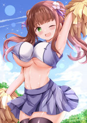  :d alternate_breast_size arm_up armpits bare_arms black_thighhighs blue_sky blunt_bangs blush bouncing_breasts breasts brown_hair cheerleader cloud collared_shirt commentary_request contrail cowboy_shot crop_top dated dot_nose female floating_hair flower gochuumon_wa_usagi_desu_ka? green_eyes hair_flower hair_ornament hair_ribbon happy_birthday highres large_breasts light_particles long_hair long_sidelocks making-of_available midriff miniskirt navel_peek official_alternate_costume official_alternate_hairstyle one_eye_closed open_mouth outdoors pleated_skirt pom_pom_(cheerleading) purple_ribbon purple_shirt purple_skirt purple_tank_top ribbon shiny_skin shirt sideways_glance skirt sky sleeveless sleeveless_shirt smile solo sparkle standing sweat sweaty_armpits tank_top thighhighs twintails two-tone_shirt two-tone_tank_top ujimatsu_chiya underboob white_flower white_shirt xenon_(for_achieve) zettai_ryouiki 