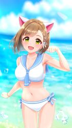  absurdres animal_ears bikini blue_neckerchief blue_sailor_collar blue_sky breasts cat_ears cloud commentary_request female hair_ribbon highres horizon idolmaster idolmaster_cinderella_girls maekawa_miku medium_breasts neckerchief neilp ocean paw_pose ribbon sailor_bikini sailor_collar sailor_swimsuit_(idolmaster) short_hair side-tie_bikini_bottom sky solo swimsuit white_bikini 