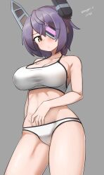  absurdres bikini breasts brown_eyes contrapposto eyepatch female grey_background headgear highres kantai_collection large_breasts maru_(marg0613) official_alternate_costume one-hour_drawing_challenge purple_hair short_hair solo sports_bikini swimsuit tenryuu_(kancolle) tenryuu_(swimsuit_mode)_(kancolle) white_bikini 