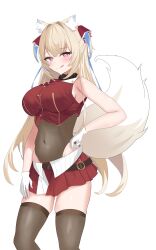  absurdres alternate_costume animal_ear_fluff animal_ears black_thighhighs blonde_hair blue_hair blush cosplay covered_navel dog_ears dog_girl dog_tail female fuwawa_abyssgard gloves hair_ribbon hand_on_own_hip highres hololive hololive_english houshou_marine houshou_marine_(1st_costume) houshou_marine_(cosplay) leotard leotard_under_clothes long_hair multicolored_hair pink_eyes red_ribbon red_skirt ribbon sasaki_ikuya skirt smile solo streaked_hair tail thighhighs tongue tongue_out two_side_up virtual_youtuber white_gloves 