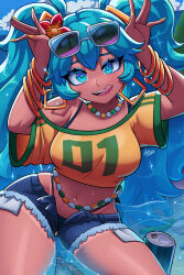  1girls artist_signature axlhearts bangle bangles bead_necklace beads belly_button belly_button_piercing big_eyes blue_eyes blue_eyeshadow blue_hair blush bracelet bracelets brazilian brazilian_miku can crop_top dance dancing drinks earrings energetic exposed_shoulders eyelashes eyeliner eyeshadow flower_in_hair fluffy_hair gold_hair_ornament hands_above_head hands_on_head hands_up hatsune_miku hoop_earrings hoop_earrings_oversized hourglass_figure jean_shorts licking licking_lips licking_own_lips light_blue_eyes light_blue_eyeshadow light_blue_hair lipstick long_twintails loose_clothes loose_top mascara medium_breasts mini_short necklace open_mouth painted_nails ripped_jeans shiny shiny_skin shorts sunglasses sunglasses_on_head tan tan_body tan_lines tanned tanned_female tanned_skin thick_thighs twintails unzipped_fly unzipped_pants vocaloid yellow_crop_top yellow_fingernails 