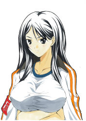  a_certain_high_school_gym_uniform absurdres alternate_eye_color armband arms_under_breasts bare_arms black_eyes black_hair breasts closed_mouth crossed_arms female fukiyose_seiri gym_shirt gym_uniform hair_between_eyes highres jacket jacket_on_shoulders large_breasts light_blush long_hair long_sleeves looking_at_viewer maron_(jkpersona5705orz) no_emblem open_clothes open_jacket red_armband shirt sidelocks simple_background solo toaru_majutsu_no_index toaru_majutsu_no_index:_old_testament track_jacket traditional_media white_background white_jacket white_shirt 