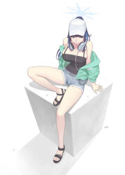  absurdres artist_name baseball_cap belt_buckle black_camisole black_footwear blue_archive blue_eyes blue_hair breasts buckle cable camisole cleavage closed_mouth commentary cutoffs denim denim_shorts female from_above full_body green_jacket halo hat headphones headphones_around_neck highres jacket ki_min-woo large_breasts long_hair off_shoulder official_alternate_costume open_clothes open_jacket sandals saori_(blue_archive) saori_(swimsuit)_(blue_archive) shorts simple_background sitting solo white_background white_hat 