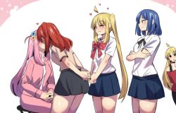  5girls absurdres ahoge arms_behind_back black_ribbon black_skirt blonde_hair blue_hair blue_skirt blush bocchi_the_rock! bow bowtie commentary cowboy_shot detached_ahoge english_commentary from_side gotoh_hitori heart highres hinghoi ijichi_nijika ijichi_seika kissing kita_ikuyo leaning_forward long_hair looking_at_another multiple_girls neck_ribbon off-shoulder_shirt off_shoulder own_hands_together pink_hair pleated_skirt polka_dot polka_dot_bow red_bow red_bowtie red_hair red_shirt ribbon school_uniform shirt short_hair short_sleeves sitting skirt smile stool thighs white_shirt yamada_ryo yuri 