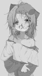  1boy bare_shoulders blood bruise bruise_on_face bruise_on_neck disembodied_hand female grabbing_another&#039;s_hair greyscale half-closed_eyes highres injury looking_at_viewer medium_hair monochrome mushoku_loli mushoku_loli_(character) nosebleed off-shoulder_shirt off_shoulder one_eye_closed original shirt simple_background solo_focus tearing_up 