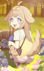  absurdres ahoge animal_ears ass bag bell blue_eyes bow brown_hair bucket butter_(trickcal) can canned_food collar daibo44 digging dog_ears dog_girl dog_tail female forest from_behind hairbow highres hole horizontal-striped_thighhighs jingle_bell long_hair looking_back nature neck_bell oerba_yun_fang open_mouth outdoors pink_footwear pink_shorts ribbon shirt shoes short_sleeves shorts smile solo squatting striped_clothes striped_thighhighs tail thighhighs tree trickcal white_shirt yellow_ribbon yellow_shirt 