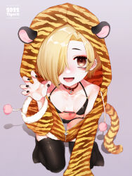  2022 absurdres animal_costume animal_print bikini black_bikini black_nails black_thighhighs blonde_hair blush breasts brown_eyes chinese_zodiac claw_pose collar ear_piercing female hair_over_one_eye highres idolmaster idolmaster_cinderella_girls kneeling looking_at_viewer open_mouth piercing red_collar shinonome_(delus1on) shirasaka_koume small_breasts smile solo swimsuit tail thighhighs tiger_costume tiger_print tiger_tail year_of_the_tiger 