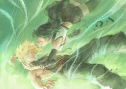  1boy baggy_pants bare_shoulders bike_shorts_under_skirt black_gloves black_hair black_skirt black_thighhighs blonde_hair breasts closed_eyes closed_mouth cloud_strife crop_top dissolving earrings elbow_gloves english_commentary falling feet_out_of_frame female final_fantasy final_fantasy_vii final_fantasy_vii_rebirth final_fantasy_vii_remake gloves imminent_hug jewelry large_breasts lifestream light_particles long_hair looking_at_another low-tied_long_hair miniskirt outstretched_arms pants pectorals short_hair single_bare_arm single_earring single_glove skirt sleeveless sleeveless_turtleneck spiked_hair suspender_skirt suspenders sweater tank_top thighhighs tifa_lockhart torn_clothes turtleneck turtleneck_sweater twitter_username white_tank_top zoewingsz 