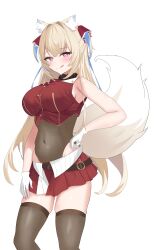  :q absurdres alternate_costume animal_ear_fluff animal_ears black_thighhighs blonde_hair blue_hair blush breasts cosplay covered_navel dog_ears dog_girl dog_tail female fuwawa_abyssgard gloves hair_ribbon hand_on_own_hip highres hololive hololive_english houshou_marine houshou_marine_(1st_costume) houshou_marine_(cosplay) large_breasts leotard leotard_under_clothes long_hair looking_at_viewer miniskirt multicolored_hair pink_eyes pleated_skirt red_ribbon red_skirt ribbon sasaki_ikuya simple_background skirt sleeveless sleeveless_jacket smile solo streaked_hair tail thighhighs tongue tongue_out two_side_up very_long_hair virtual_youtuber white_background white_gloves 