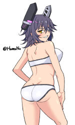  ass bikini cowboy_shot eyepatch female from_behind grin hamuno headgear highres kantai_collection looking_at_viewer official_alternate_costume one-hour_drawing_challenge purple_hair short_hair simple_background smile solo swimsuit tenryuu_(kancolle) tenryuu_(swimsuit_mode)_(kancolle) tenryuu_kai_ni_(kancolle) twitter_username white_background white_bikini yellow_eyes 