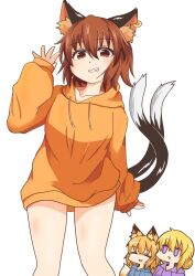  3girls animal_ear_fluff animal_ear_piercing animal_ears arm_at_side bare_legs bottomless breasts brown_hair cat_ears cat_tail chen collarbone dot_nose drawstring earrings feet_out_of_frame grin hair_between_eyes hand_up highres hood hoodie jewelry light_blush long_sleeves looking_at_viewer medium_breasts multiple_girls multiple_tails nekomata no_headwear orange_hoodie puffy_long_sleeves puffy_sleeves red_eyes shiromamekei short_hair simple_background single_earring sleeves_past_wrists smile solo_focus tail touhou two_tails white_background yakumo_ran yakumo_yukari 