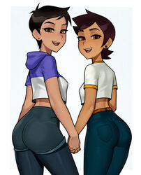  2girls aged_up alternate_costume alternate_version_available amber_eyes blush brown_eyes clothed clothing crossover dark-skinned_female dark_skin dc dc_comics disney female female_only from_behind hand_holding handholding highres holding_hands hoodie jeans jewelry lois_lane lois_lane_(cosplay) lois_lane_(my_adventures_with_superman) loodncrood looking_back luz_noceda luz_noceda_(cosplay) medium_breasts my_adventures_with_superman open_mouth outfit_swap parted_lips short_hair shorts sideboob simple_background small_breasts smile smiling_at_viewer superman_(series) tan_body tan_skin tanned tanned_skin the_owl_house tomboy very_short_hair white_background 