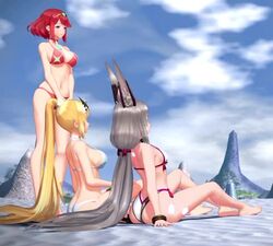  3d 3girls alternate_costume animal_ears animated ass bare_legs barefoot beach belly bikini bikini_bottom bikini_top blender blonde_hair bra breasts catgirl clothing core_crystal female humanoid jewelry jiggle jiggle_physics jiggling_breasts large_breasts long_hair looking_at_another looking_at_viewer mythra mythra_(xenoblade) navel nia nia_(xenoblade) no_sound nodusfm pale_skin panties ponytail pov pyra pyra_(xenoblade) red_hair sideboob sitting sitting_down sitting_on_ground sky smile smiling_at_another smiling_at_viewer standing swaying swaying_breasts swimwear tagme tiara twintails video viewer_perspective xenoblade_(series) xenoblade_chronicles_2 