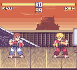  artist_request barefoot blonde_hair brown_hair chibi fighting_stance fingerless_gloves headband karate_gi ken_masters pixel_art ryuu_(street_fighter) street_fighter street_fighter_ii 