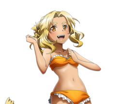  :d alicia_rue bikini blonde_hair breasts collarbone female long_hair navel oerba_yun_fang official_art open_mouth orange_bikini orange_eyes slit_pupils small_breasts smile solo standing strapless strapless_bikini swimsuit sword_art_online sword_art_online:_code_register tail transparent_background 