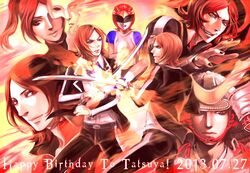  6+boys armor brown_hair commentary_request helmet japanese_armor kabuto_(helmet) katana mask multiple_boys multiple_persona necktie nyarlathotep_(persona_2) persona persona_2 persona_2_batsu persona_2_tsumi philemon ponytail samurai school_uniform seven_sisters_high_school_uniform shadow_tatsuya suou_tatsuya sword tomio weapon 