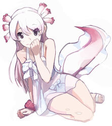  armband axolotl_ears axolotl_girl axolotl_tail bad_id bad_pixiv_id bare_shoulders bow commentary_request dress female full_body gradient_hair grey_eyes hand_on_own_face kemono_friends kunikuni_(kunihiro2005) leaning_to_the_side long_hair mexico_salamander_(kemono_friends) multicolored_hair photoshop_(medium) ribbon sandals see-through see-through_dress simple_background sitting solo tail white_background white_bow white_hair 