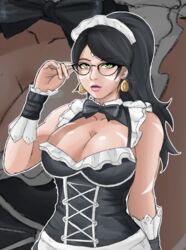  black_hair boob_window bowtie bowtie_collar ear_ring ear_rings erothicc female french_maid_nidalee gem_on_forehead glasses green_eyes green_eyes_female hair_tied jewel_on_forehead large_breasts league_of_legends maid_apron maid_headdress maid_outfit maid_uniform nidalee ponytail riot_games solo solo_female solo_focus the_grind_series tribal_markings tribal_tattoo tribal_tattoos 