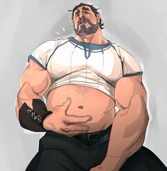  1boy 2021 abs arcane bara barazoku beard biceps blush chris_sdd clothing facial_hair gay hairy hairy_chest hi_res highres league_of_legends male male_focus male_only manly musclegut muscles muscular muscular_arms muscular_male riot_games solo solo_male vander 