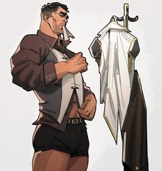  1boy 2022 abs arcane arcane_jayce bara barazoku biceps blush bulge chris_sdd clothing gay hi_res highres jayce_talis league_of_legends male male_focus male_only manly muscles muscular muscular_arms muscular_male nipples riot_games solo solo_male underwear 