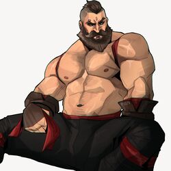  1boy 2022 abs arcane bara barazoku beard biceps blush chris_sdd clothing facial_hair gay hairy hairy_arms hairy_chest hi_res highres league_of_legends male male_focus male_only male_pubic_hair manly muscles muscular muscular_arms muscular_male nipples noxian_soldier riot_games scars_all_over solo solo_male 