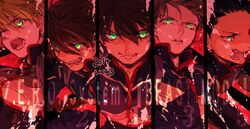  5boys angry bad_id bad_pixiv_id blonde_hair chang_wufei dated duo_maxwell english_text glowing glowing_eyes gundam gundam_wing heero_yuy ikuhiro_(19nnnkti16) looking_at_viewer male_focus multiple_boys open_mouth quatre_raberba_winner short_hair spacesuit teeth trowa_barton upper_body 