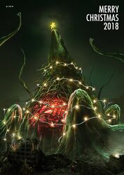  2018 biollante bioluminescence christmas christmas_lights city destruction epic giant_monster glowing godzilla_(series) highres kaijuu monster night noger_chen plant santa_claus toho_(film_company) 