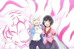  2girls animal animal_ears black_hair black_hanekawa breasts cat_ears cleavage closed_eyes commentary_request dual_persona fooring hanekawa_tsubasa kako_(monogatari) large_breasts monogatari_(series) multiple_girls naoetsu_high_school_uniform oerba_yun_fang open_mouth oversized_animal school_uniform shirt short_hair skirt tiger white_hair 