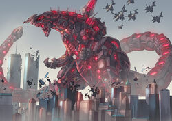  city g.haruka giant_monster giant_robot glowing helicopter kaijuu mecha mechagodzilla monster robot shing_godzilla 