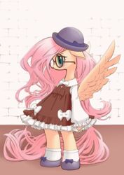  2018 alternative_fashion blush bow_dress bow_hat bow_shoes brick brick_wall classic_lolita clothed clothing conbudou dress equid equine eyelashes eyewear feathered_wings feathers female floppy_ears fluttershy_(mlp) footwear friendship_is_magic full-length_portrait fully_clothed glasses hair hasbro hat headgear headwear hi_res hooves j-fashion legwear lolita_(fashion) long_hair mammal my_little_pony mythological_creature mythological_equine mythology pegasus pink_hair portrait semi-anthro shoes socks solo standing teal_eyes wall_(structure) wings yellow_body yellow_feathers 