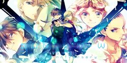  5boys anniversary bad_id bad_pixiv_id bike_shorts black_eyes blonde_hair chang_wufei copyright_name duo_maxwell female goggles green_eyes gundam gundam_wing heero_yuy ikuhiro_(19nnnkti16) long_hair looking_at_viewer mask multiple_boys purple_eyes quatre_raberba_winner relena_peacecraft short_hair smile tank_top trowa_barton 