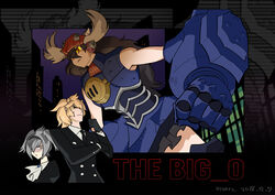  3girls animal_ears antlers ascot big_o_(mecha) big_o_(mecha)_(cosplay) black_dress black_gloves black_jacket black_neckwear blonde_hair brown_hair building buttons city_lights clenched_hands closed_mouth collared_shirt colored_sclera commentary copyright_name cosplay double-breasted dress english_commentary gloves grey_hair hair_between_eyes head_wings helmet horns jacket kemono_friends lion_(kemono_friends) lion_ears long_hair long_sleeves mecha moose_(kemono_friends) multiple_girls necktie night night_sky official_style orange_eyes parody photoshop_(medium) purple_sky r_dorothy_wayneright r_dorothy_wayneright_(cosplay) robot roger_smith roger_smith_(cosplay) roonhee shirt shoebill_(kemono_friends) signature sky skyscraper standing style_parody the_big_o white_ascot wing_collar wings yellow_eyes yellow_sclera 