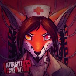  1:1 abstract_background album_cover anthro avoid_posting canid canine chest_tuft clothed clothing cover english_text facial_hair fox fur goatee half-closed_eyes hat headgear headwear inner_ear_fluff lapfox_trax looking_at_viewer male mammal narrowed_eyes nurse nurse_clothing nurse_uniform renard_(disambiguation) renard_queenston simple_background smile solo squeedgemonster text tuft uniform 