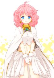  0321_sheep blue_eyes breasts commentary_request crop_top female fingerless_gloves gloves highres long_hair medium_breasts midriff navel pink_hair rance_(series) rance_02 sengoku_rance sill_plain smile solo v_arms 