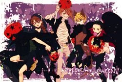  5boys animal_ears bad_id bad_pixiv_id bandages bike_shorts black_hair blue_eyes braid brown_hair candy cape chang_wufei denim duo_maxwell food gundam gundam_wing halloween heero_yuy ikuhiro_(19nnnkti16) jack-o&#039;-lantern jeans lollipop long_hair looking_at_viewer male_focus mouth_hold multiple_boys mummy open_mouth pants purple_eyes quatre_raberba_winner socks tail teeth trowa_barton vampire vest wolf_ears wolf_tail 