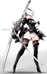  2b_(nier:automata) ass_visible_through_thighs black_blindfold black_footwear black_gloves black_leotard black_thighhighs blindfold boots breasts cleavage commentary_request copyright_name covered_eyes facing_viewer female full_body gloves gradient_background groin high_heel_boots high_heels highres holding holding_sword holding_weapon karukan_(monjya) katana legs legs_apart leotard medium_breasts nier:automata nier_(series) puffy_sleeves revision short_hair solo standing sword thighhighs thighs virtuous_contract virtuous_treaty weapon white_hair 