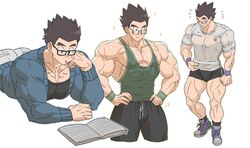  1girls bara booty_shorts caked_up clothed_male dark_hair dragon_ball ellischestert12 fully_clothed glasses jogging_pants lying_on_stomach male male_only muscular_arms muscular_calves muscular_male muscular_pecs muscular_thighs pecs reading reading_book serratus serratus_anterior short_shorts solo son_gohan sports_shorts sportswear sweater tank_top tight_fit white_shirt wristbands 