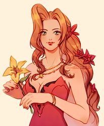  aerith_gainsborough aerith_gainsborough_(red_dress) artist_name bare_shoulders bracelet breasts cleavage collarbone dress female final_fantasy final_fantasy_vii final_fantasy_vii_remake flower green_eyes hair_flower hair_ornament highres holding holding_flower jewelry light_blush lipstick long_hair looking_at_viewer makeup medium_breasts necklace official_alternate_costume parted_bangs parted_lips ponytail red_dress red_flower red_nails sidelocks solo strapless strapless_dress thar_chandran upper_body wavy_hair yellow_flower 