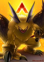  angry anthro bandai_namco claws digimon digimon_(species) digimon_ghost_game fluffy_chest fur hi_res lamortmon long_ears male monster muscular muscular_anthro muscular_male orange_eyes sharp_teeth solo teeth watagashikn winged_arms wings yellow_body yellow_fur 