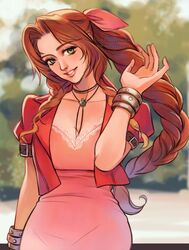  aerith_gainsborough bangle bracelet braid braided_ponytail breasts brown_hair choker cleavage cropped_jacket dress female final_fantasy final_fantasy_vii final_fantasy_vii_remake flower_choker green_eyes hair_ribbon hand_up jacket jewelry large_breasts long_hair looking_at_viewer outdoors parted_bangs parted_lips pink_dress pink_ribbon red_jacket ribbon short_sleeves sidelocks smile solo thar_chandran upper_body wavy_hair 