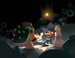  4boys :d ^_^ armlet arms_up blonde_hair blue_cape blue_overalls bowser bracelet cape closed_eyes commentary crown dress earrings elbow_gloves english_commentary facial_hair female gears geno_(mario) gigi_d.g. gloves glowing hat horns jewelry long_hair mallow_(mario) mario mario_(series) moustache multiple_boys open_mouth overalls pink_dress princess_peach red_hair red_headwear red_shirt shirt short_hair sitting smile smithy&#039;s_lair spiked_shell standing star_(sky) super_mario_rpg warp_pipe white_gloves 