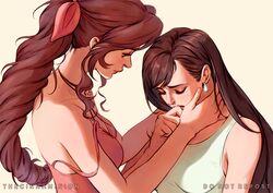  2girls aerith_gainsborough bare_arms black_hair braid braided_ponytail breasts brown_hair choker closed_eyes comforting crying dress earrings final_fantasy final_fantasy_vii final_fantasy_vii_remake flower_choker hair_behind_ear hair_ribbon hand_on_another&#039;s_neck hand_to_own_mouth jewelry large_breasts long_hair looking_at_another medium_breasts multiple_girls pink_dress pink_ribbon ribbon shirt sidelocks strap_slip tears thar_chandran tifa_lockhart upper_body wavy_hair white_shirt 